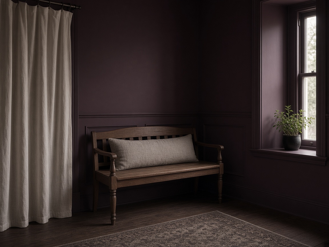 Calm plum waiting alcove with wooden bench and soft window light